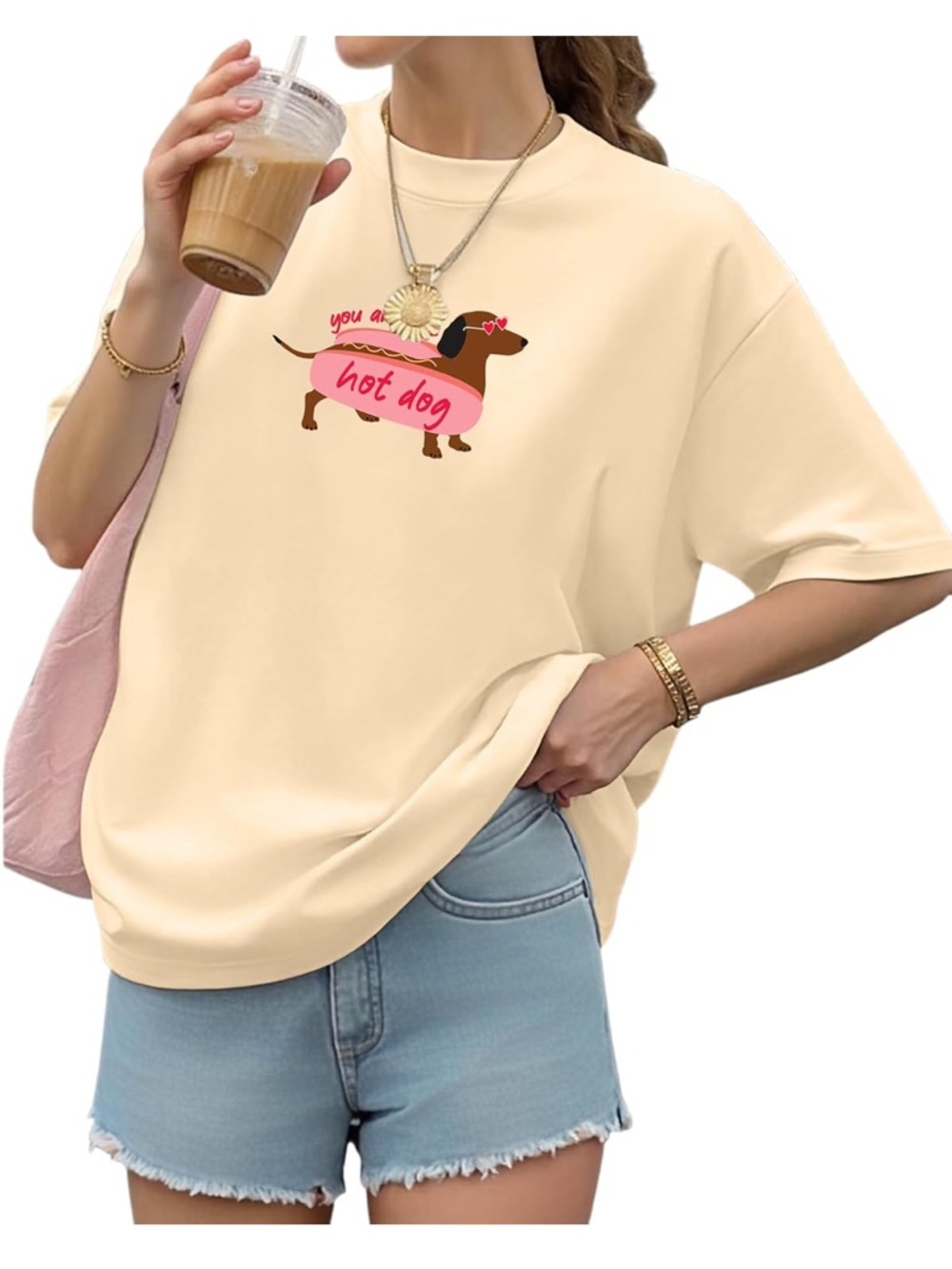 Aiyino Medium Apricot You Are One Hot Dog Dachshund Graphic T Shirt